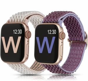 【2個付き】 Apple Watch アップルウォッチ バンド42/44/45/49mm シリーズSE/8/7/6/5/4/3/2対応 ナイロン製弾性バンド (ピンク＋パープル)