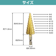 4本セット ステップドリル 六角軸 ドリルビット チタンコーティング 替え刃 タケノコドリル (φ4～20, ストレートタイプ)_画像5