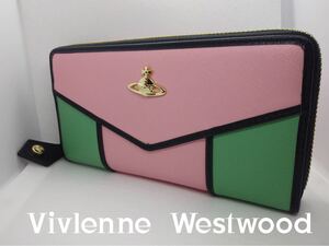 ヴィヴィアンウェストウッドVivlenne Westwoodピンクグリーン便ブラック縁取り長財布