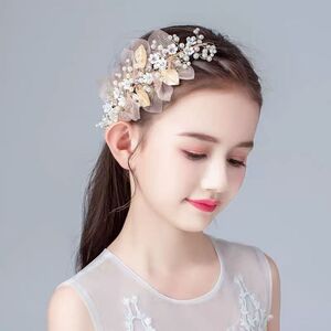 ヘッドドレス 髪飾り ヘアアクセサリー 女の子 子供 キッズ リーフ パール 小花モチーフ レース 和装 髪留め 発表会 ピアノ イベント