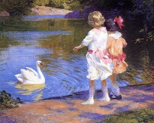 Art Auction 油絵 Edward Henry Potthast_ 白鳥 MA907, 絵画, 油彩, 自然, 風景画