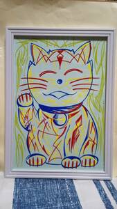 ★招き猫★額付●アート◆ピンストライプ★MOONEYES◆◆アメリカン雑貨◆自作◆絵◆猫◆ luckycat★fortunecat★