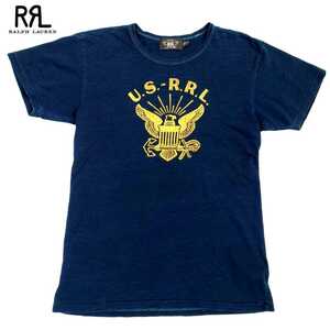 新品 RRL RALPH LAUREN ラルフローレン 国内正規品 USED加工 最高級NAVYロゴプリントインディゴコットン天竺Tシャツ M 完売品 POLO RUGBY