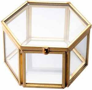 Feyarl ジュエリーボックス ジュエリー入れ リングピロー ジュエリー収納 ガラスボックス 六角形 ゴールド 7.5cm
