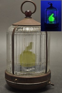 古いガラス製鳥かごライト　ウランガラス　電池式ランタン　ジャンク　昭和レトロ