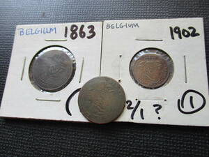 ベルギー★1￠、２￠★３枚銅貨★３種類★1863～1902年★16.5mm、22mm
