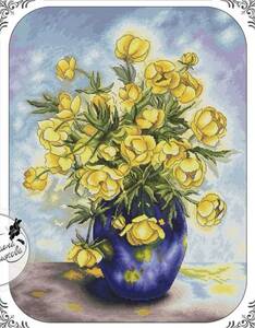 クロスステッチキット　黄色い薔薇の花瓶(14CT、60色、図案印刷あり)