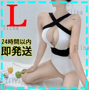 L 白 セクシー バイピング ワッフル 韓国 ワンピース 水着 シフォン 大人 体型カバー パフスリーブ jewels dholic tika