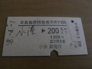 B自由席特急券 乗継　小湊→200ｋｍまで　昭和58年4月1日発行　(東北本線)小湊駅発行