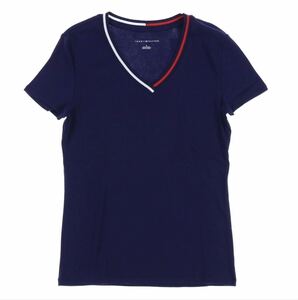 美品 トミーヒルフィガー Tommy Hilfiger レディース Vネック Tシャツ トップス ネイビー 半袖 アメカジ