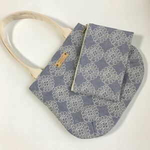 刺繍ふっくらトートバッグ(深) フラットポーチ セット ハンドメイド 1点のみ