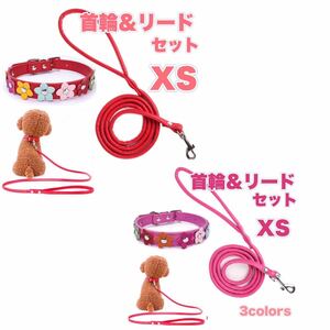 2 個セット 赤 ピンク 首輪 リード セット XSサイズ 小型犬 犬 犬首輪 かわいい おしゃれ 花 花飾り