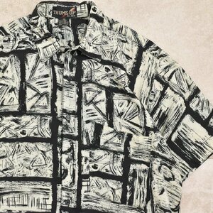 90s THUMS UP rayon shirtメンズ L相当 90s サムズアップ ブラッシング モザイク柄 総柄レーヨンシャツ アメリカ古着 半袖