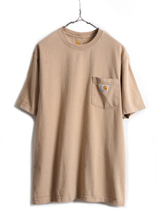 ■ カーハート ポケット付き 半袖 Tシャツ ( メンズ M ) 古着 ヘビーウェイト ヘビーオンス ポケT ロゴT CARHARTT ワンポイント ベージュ