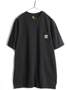 人気 黒 ■ カーハート ポケット付き 半袖 Tシャツ ( メンズ M )古着 CARHARTT 半袖Tシャツ ヘビーウェイト ポケT ロゴT 無地 ワンポイント