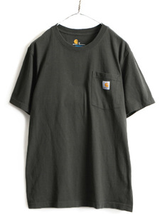 ■ カーハート ポケット付き 半袖 Tシャツ ( メンズ M ) CARHARTT 半袖Tシャツ ヘビーウェイト ポケT ロゴT ワンポイント ダークグリーン