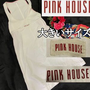 【大きいサイズ】ピンクハウスロングワンピースサロペットPINK HOUSE 白ホワイト赤レッド ロゴワッペンプリント オーバーオール ＭＬＬ