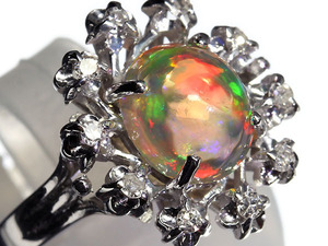 6406ST【1円~】【RK宝石】≪opal≫ 魅惑の遊色!! 極上ファイアオパール 大粒1.61ct!! 極上ダイヤモンド K18WG 高級リング ダイヤ