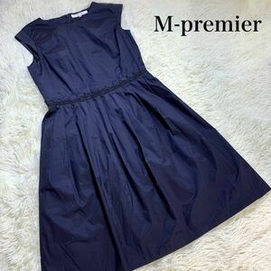 M-PREMIER エムプルミエ　ノースリーブ　Aラインワンピース　ネイビー ウエスト切り替え　M相当