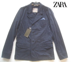 新品!!ザラ マン ZARA MAN*ポケットチーフ付き ストレッチコットン8つボタンダブルブレストジャケット L 紺 ネイビー