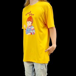 新品 未使用 チャイルドプレイ チャッキー グッドガイ人形 ホラー映画 大きい ワイド オーバー ビッグ Tシャツ ライト オレンジ XXLサイズ
