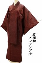 【送料無料】逸品　塩沢紬　羽織　２点セット　アンサンブル　臙脂　小豆　黒　身丈160cm　裄丈65.5cm 伝統工芸品　本塩澤　お洒落　正絹　_画像1