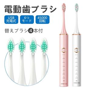 電動歯ブラシ本体音波式ホワイトニングUSB充電式替えブラシ4本防水PX7安価コンパクト振動45000回オート