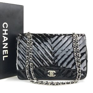 【1円〜】シャネル CHANEL バッグ ショルダーバッグ チェーンショルダー Vステッチ エナメル ターンロック シルバー金具 箱付き 中古