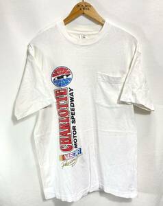 ■90s 90年代 ビンテージ USA製 FRUIT OF THE LOOM シャーロット モーター イラスト Tシャツ サイズL 白 CHARLOTTE MOTOR SPEEDWAY ■