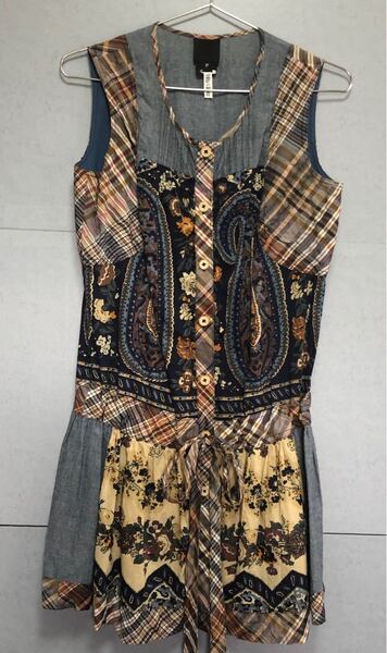 ANNA SUI ワンピース ペーズリー 花柄 チェック インディゴ ワンピース