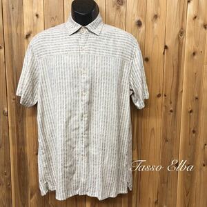 Tasso Elba◇半袖シャツ 総柄 柄シャツ トップス ベージュ系 シルク×レーヨン 涼感 アロハシャツ アメカジ 古着 メンズL