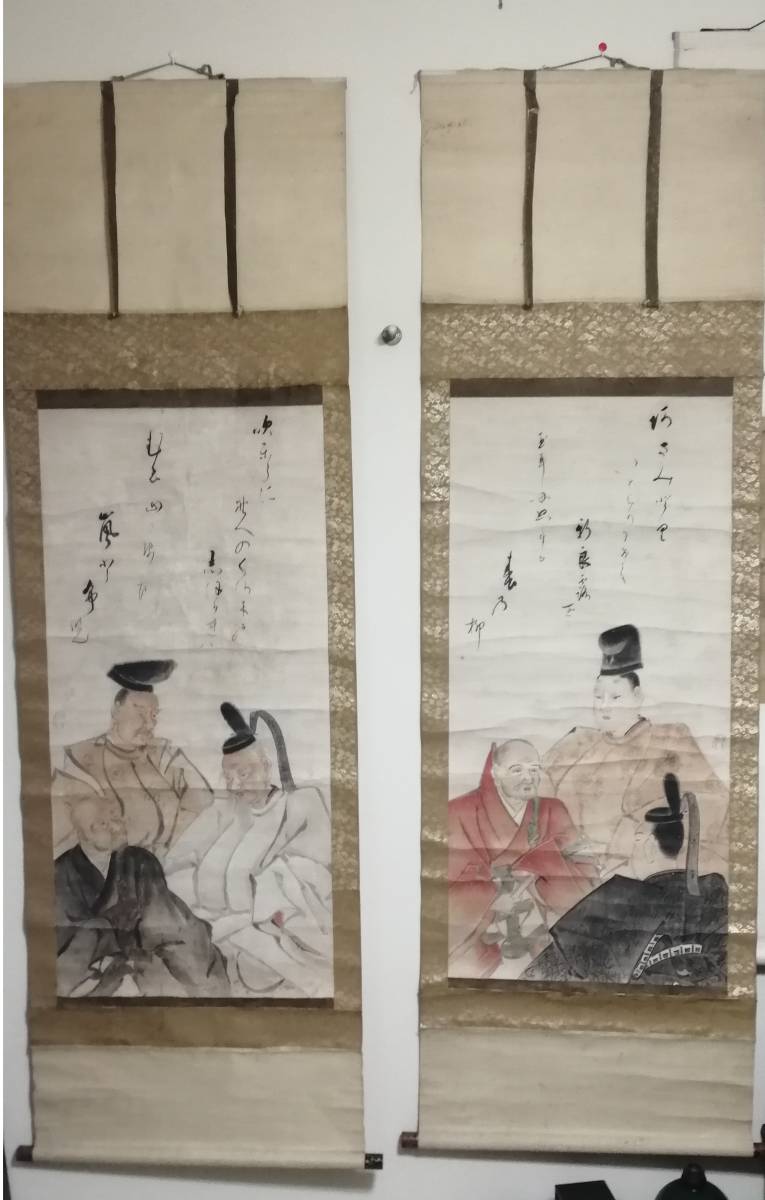 Un gran par de cuadros de tertulias de poesía., Pinturas budistas del pueblo Omiya., poemas, Tsuikuro, kuri, tamaño: 60x190, 2 anchos, obra de arte, cuadro, Pintura en tinta