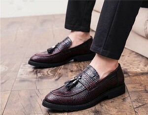 *NEW* men's TL00325-24.0cm/38wani pattern tassel Loafer slip-on shoes deck shoes business shoes wine red (2 color ) stylish 