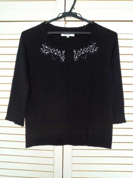 saint joie サンジョア 黒 ニット ビーズ シンプル ブラック 八分袖 オフィス 秋冬 セーター トップス