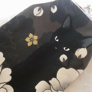 がま口ポーチ小物入れ黒猫牡丹キルトゲイトハンドメイド
