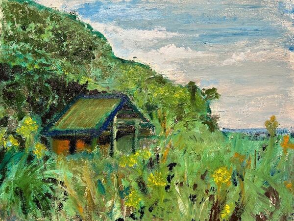 無人島にある家　自作　絵画 油彩画
