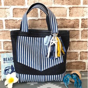 ハンドメイド デニムリメイク ハンドバッグ タッセル付