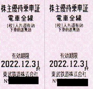 東武鉄道株式会社 株主優待乗車証　４枚　有効期限 202２年１２月3１日まで　送料無料　