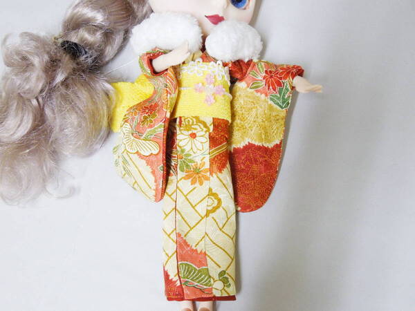 ネオブライス アウトフィット 和服 総裏仕立て 着物 5点セット ハンドメイド 服 帯 髪飾り イエロー レッド ショール 襟巻き