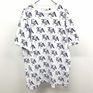 LA - XL メンズ Tシャツ カットソー ロゴ柄 ロゴプリント 丸首 クルーネック 半袖 ショートスリーブ 綿100% コットン ホワイト×ブルー 白