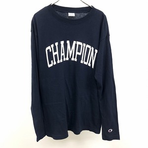 Champion チャンピオン L メンズ Tシャツ カットソー 柔らかい生地感 ロゴプリント 英字 文字 丸首 クルーネック 長袖 綿100% ネイビー 紺