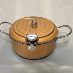 楽々天ぷら鍋 鉄製 温度計付 揚げ鍋20cm バット蓋付 ゴールド