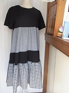 新品タグ付き　M~L チェック チュニック ワンピース レディース カットソー×布帛/ブラック　可愛らしい　大人ガーリー