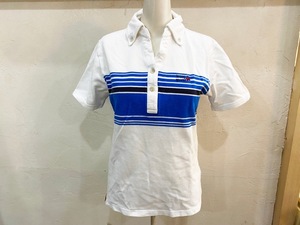 ☆le coq sportif GOLF/ルコックスポルティフ ゴルフ ライン入りポロシャツ sizeM レディース ホワイト×ブルー スポーツ 古着 used☆