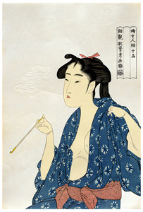 喜多川歌麿　浮世絵　美人図　婦女人相十品　喫煙　39ｘ26ｃｍ　ポスター　複製 ◆新版画　小原古邨　川瀬巴水　北斎　