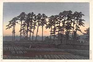 川瀬巴水　版画　東京二十景 池上市の倉（夕陽）昭和三年　大判ポスターサイズ　56×37.5ｃｍ　複製