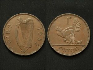 【アイルランド】 1ｄ ペニー 1952年 ニワトリ ヒヨコ親子　銅貨