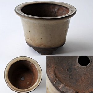 FG2703◆盆栽鉢 丸鉢 白釉 白交趾 唐物 支那 直径16.5cm×高さ11.2cm◆植木鉢 ※o