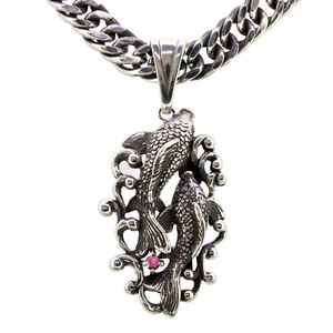  necklace men's silver flat necklace SV925koi common carp fish ruby pendant 