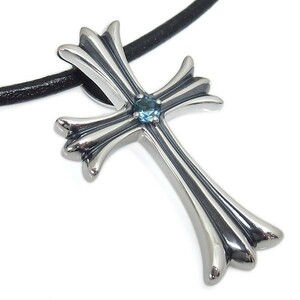  men's necklace Cross silver blue topaz leather necklace SV925 pendant 